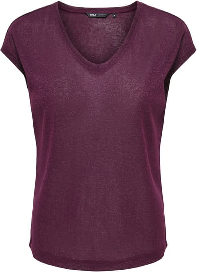 Only bordeaux dames t-shirt   V-hals   Regular fit   Glitters patroon   Korte mouw Bordeaux M
