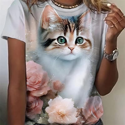 Nouveaux T-shirts Imprimés en 3D Chat Fleur Pour Femmes Mode Été Street Col Rond Manches Courtes Filles Beau T-shirt Vêtement Féminin 5XL
