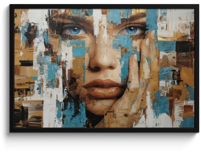Poster in lijst - Fotolijst 90x60 cm - Posters - Abstract - Penseelstreken - Blauw - Gezicht - Posterlijst zwart - Decoratie - Wanddecoratie woonkamer - Muurdecoratie slaapkamer