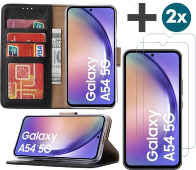Samsung Galaxy A54 (5G) hoesje - bookcase met pasjeshouder + 2x Screenprotector tempered glass - Zwart
