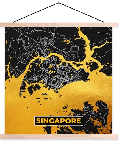 Posterhanger incl. Poster 40x40 cm - Schoolplaat - Singapore - Goud - Plattegrond - Stadskaart - Kaart - Textielposter - Blanke latten - Stadskaart