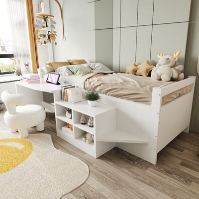 DESMIU Kinderbed 90x200 cm - Eenpersoonsbed Met Bureau En Oplaadpunten - Opbergkasten Met Instap - Voor Kinderkamer - Hout - Wit - Zonder Matras