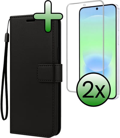 Hoesje Met 2x Screenprotector - Geschikt voor Samsung Galaxy A37 - Luxe Pasjeshouder - Bookcase Portemonee - Flip Case - Kunstleer Book Case - Flipcase Hoes - Book Cover - Walletcase - Portemonneehoes - Zwart