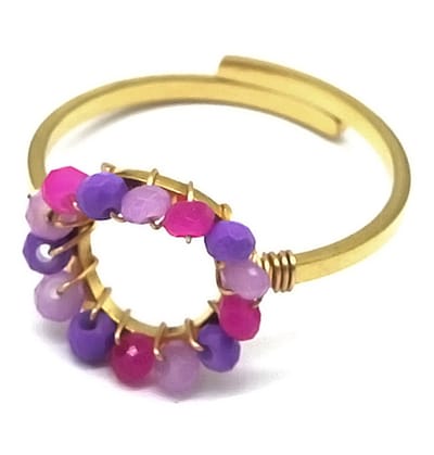 Ring met Glaskralen - RVS - One Size - Goudkleurig en Paars