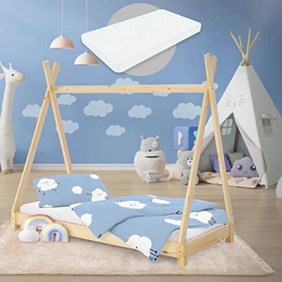 Kinderbed Tipi 80x160 cm – Speelbed van Massief Grenenhout met Matras en Lattenbodem voor Jongens en Meisjes