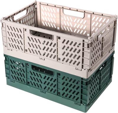 Set van 2 Vouwbare Plastic Opbergdozen - Collapsible Opbergmanden voor Keuken, Badkamer en Kantoor (30 x 20 x 12 cm, Grijs + Groen)