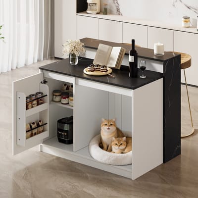 Keuken eiland - 120×80×100 cm - Multifunctioneel keukentafel met bartresen en huisdierzone - Voor keuken & eetkamer - Hout & MDF - Wit / Zwart marmer