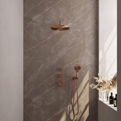 Brauer Copper Carving thermostatische inbouw regendouche SET 10 met 30 cm douchekop en gebogen muurarm en 3-standen handdouche en doucheslang en wandaansluitbocht koper geborsteld PVD