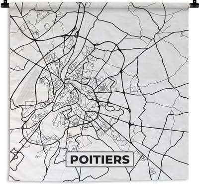 Wandkleed - Wanddoek - Frankrijk - Plattegrond - Poitiers - Stadskaart - Kaart - Zwart wit - 180x180 cm - Wandtapijt