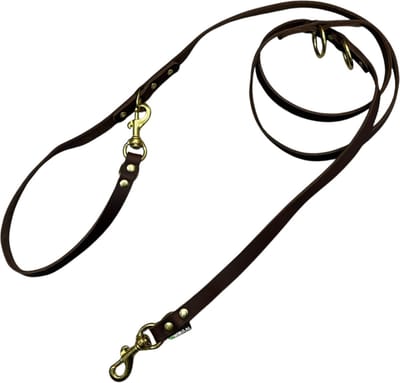 K9World by van der Veeke, Verstelbare Leren Hondenriem – Donker bruin leder –Multifunctioneel – 3-Punts Verstelbaar – 2 Messing Musketons – Handgemaakt