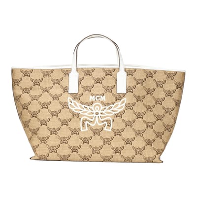 MCM Himmel Geborduurd Merkpatroon Raffia Textiel Jacquard Tote Bag Boodschappentas Schoudertas Handtas Medium Dames tote bags MWPFSAC02IN001 Basic Set (Bag+Dust Bag) beige