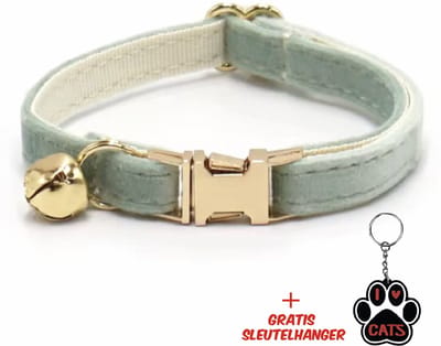 SilverAndCoco® - Groen / Blauwe Katten Halsband met Bel met Gratis Sleutelhanger | Velvet Kat Kitten Bandje met belletje | Kattenhalsband Suède Gouden | Kleding Decoratie | Kattenbandje Huisdier - Blauw / Goud