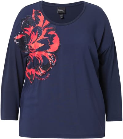Ulla Popken - Dames - Shirt bloemenapplicatie oversized ronde hals 3/4-mouwen - Marine - Maat 46+