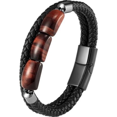 Nieuwe Energie Armband Plaat Type Natuurlijke Tijgeroog Steen Leren Koord Dubbellaagse Armband Roestvrijstalen Armband Sieraden Cadeau 19cm black