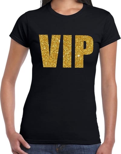 Foute party T-shirt dames - VIP - zwart - glitter goud - glitter and glamour thema XS