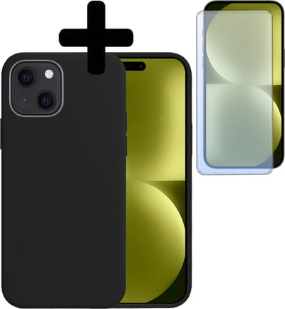 Hoesje - Met Screenprotector - Geschikt voor Apple iPhone 15 - Sterk & Shockproof - Back Cover - Siliconen Case - Telefoon Hoes - Telefoonhoesjes - Zwart