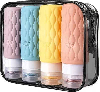 4-Pack Reisbottles voor Toiletten - 100ml Silicone Flessen Set met Doorzichtige Toilettas, Lekvrij en Herbruikbaar voor Gemakkelijk Reizen