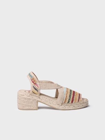 Dames espadrille van veelkleurig raffia met brede hak | DELMI-MA