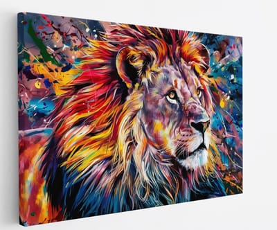Saammp Canvas Schilderij - Abstracte Leeuw - Kleurrijk - Dieren - Natuur - Portret - 45x30 - Foto op canvas - Wanddecoratie - Muurdecoratie Woonkamer - Slaapkamer decoratie - Canvas Print