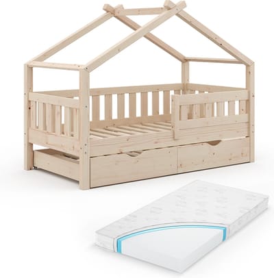 Vitalispa Design Huisbed – 80x160 cm met logeerbed en matras Natuurlijk hout