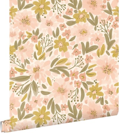 ESTAhome behang bloemen zacht roze, okergeel en vergrijsd groen - 50 x 900 cm - 130924