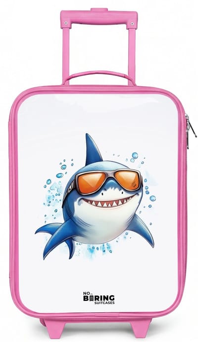 NoBoringSuitcases.com® - Kinderkoffer roze - Kindertrolley meisje - Coole haai met zonnebril in het water - Koffer kind lichtgewicht - Reiskoffer trolley voor kinderen - Koffertje met lichtgevende wieltjes - Rolkoffer