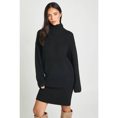 boohoo Dames Mini gebreide jurk met hoge hals en getailleerde zoom | Zwart | Maat: XS