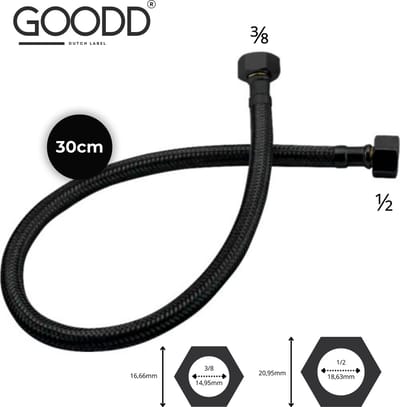 GOODD® - Flexibele aansluitslang - Zwart - Nylon - 30 CM - Fonteinkraan - 1/2 en 3/8 inch - Knikvrij