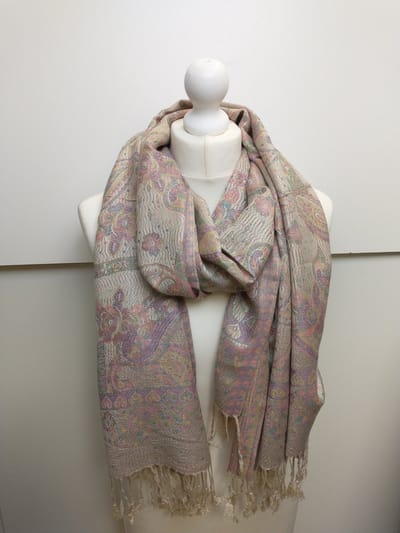 Lange dames sjaal Veronique paisleymotief beige groen paars oranje blauw bruin