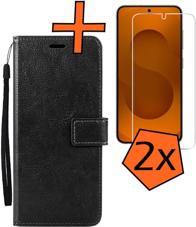 Hoes - Met 2x Screenprotector - Geschikt voor Samsung Galaxy S25 Edge - Luxe Pasjeshouder - Bookcase Portemonee - Flip Case - Kunstleer Book Case - Flipcase Hoes - Book Cover - Walletcase - PortemonneeHoes - Zwart