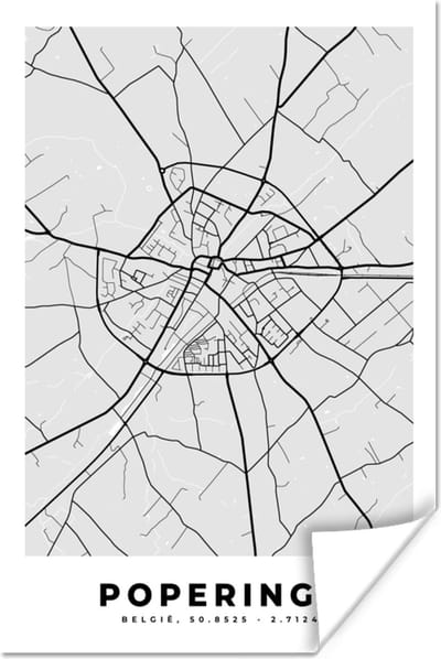 Poster België – Poperinge – Stadskaart – Kaart – Zwart Wit – Plattegrond - 120x180 cm XXL