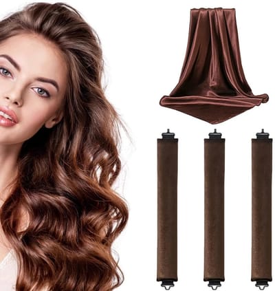 Heatless Overnight Curling Iron - Set van 4 krulstaven voor slaap, met satijnen weefsel, schuimkrultang, donkerbruin