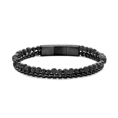Frank 1967 7FB-0738 Heren Armband - Stalen schakelarmband - 3,8mm - Kralenarmband - 4,8mm - Verstelbaar Slot - Mannen Armband - 21cm - 8mm Breed - Lava - Agaat - Zwart