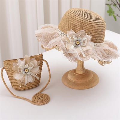 Baby Meisjes 2-delige Set: Strooien Hoed en Schoudertas Zomer Bloemen Strand Bucket Hoed met Brede Rand Zonbescherming Vakantie Outfit Accessoire kids(52-54cm) beige