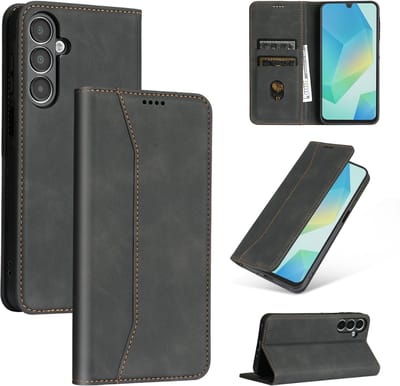 Podec Hoesje met Pasjeshouder geschikt voor Samsung Galaxy A16 Zwart Telefoonhoesje - Anti-Shock Bookcase Cover met 1x Screenprotector