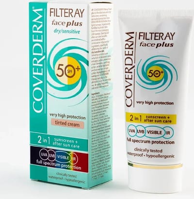 Coverderm Filteray Gezicht Plus Droog Gevoelig Getint / Getinte 2in1 zonnecrème voor de droge, gevoelige huid Zachtbruin SPF 50