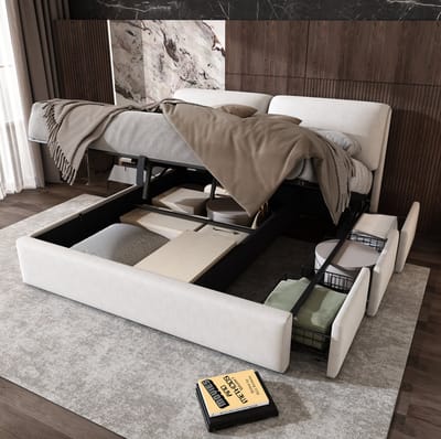 MIVRAY Bed 160x200 Cm - Hydraulisch Opbergbed Met 3 Lades En Verstelbaar Hoofdbord - Zonder Matras Met Lattenbodem - Stof - Beige