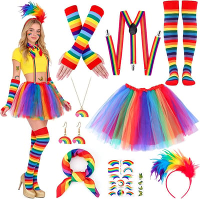 Vrouwelijk Carnaval Kostuum met Kleurrijke Rok, Handschoenen, Sokken, Steunen, Haarband, Sjaal, Oorbellen, Halsketting en Stickers voor Feest, Halloween en Themafeest