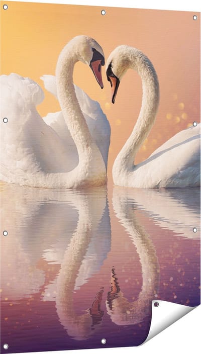 Gards Tuinposter Zwanen Koppel in een Hart Vorm - 80x120 cm - Tuindoek - Tuindecoratie - Wanddecoratie buiten - Tuinschilderij