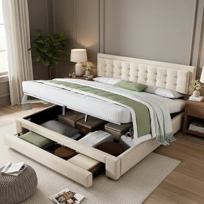 Gestoffeerd Bed - 160x200 cm - met Lades en Lattenbodem - Grote Opbergruimte - Fluweel - Beige