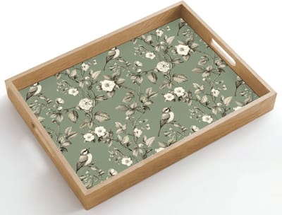 Dienblad hout 50x35 cm - Schootdienblad - Botanisch - Vogels - Groen - Borrelplank rechthoek - Plateau dienbladen