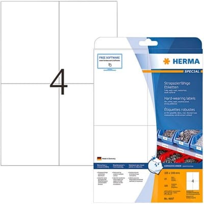 Herma 4697 Folie-etiketten 105 x 148 mm Polyester folie Wit 100 stuk(s) Extra sterk hechtend Laser (zwart/wit), Laser (kleur), Kopiëren (zwart/wit),