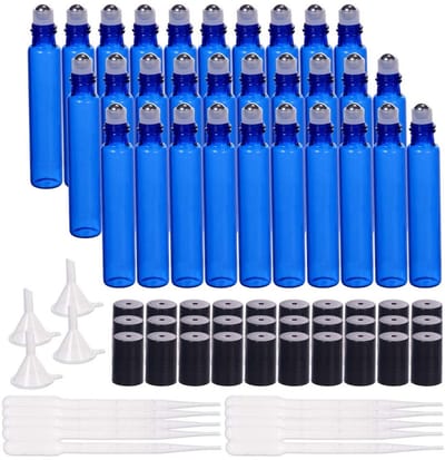 Dailygoods- Flessen 30 stuks - Glazen Rolflessen - Roestvrij Stalen Rolballen - Kobaltblauw - 10 ml - Perfect voor Etherische Oliën - Rolfles