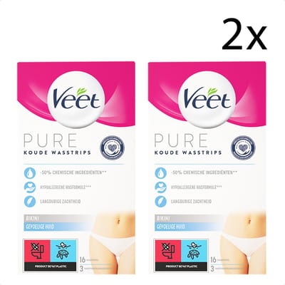 Veet Pure Ontharingsstrips Bikinilijn - Gevoelige huid - 16 stuks - 2 Stuks - Voordeelverpakking