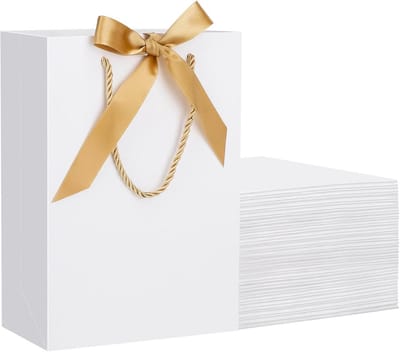 Papieren Cadeauzakken - Geschenkzakjes met Lint - Feestelijke Verpakking - Extra Dik Kraftpapier - 20 stuks 20x28cm - Wit