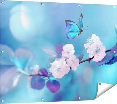 Gards Tuinposter Blauwe Vlinder bij een Roze Bloem - 120x90 cm - Tuindoek - Tuindecoratie - Wanddecoratie buiten - Tuinschilderij