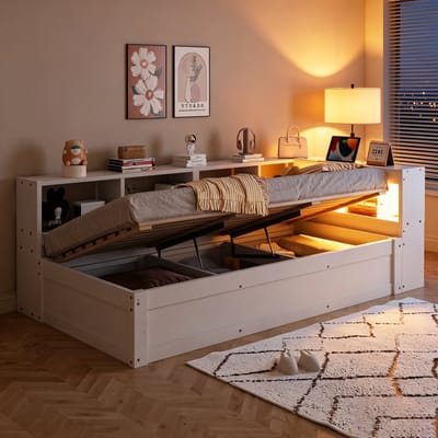 OKWISH Slaapbank 90x200 cm - Met Stopcontact en Ledverlichting - Hydraulische Opbergruimte - Zonder Matras - Houtlook - Wit