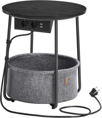 Ronde Bijzettafel met Stopcontact & Opbergmand - Ø 45 cm - Zwart - Sidetable met USB Oplaadstation - Mand voor Dekens - Smart Living