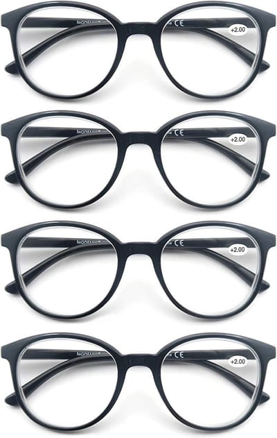 4-Pack Leesbril Heren Dames - Rond Montuur & Comfort Veerscharnieren - Inclusief Zwart, Bruin, Schildpad en Geel
