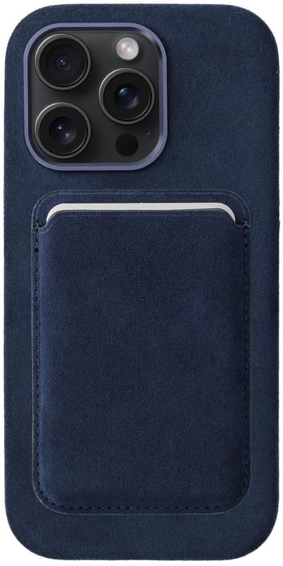 Rosso Avanti Hoesje Geschikt voor Apple iPhone 16 Pro met Magnetische Kaarthouder | Compatibel met MagSafe / Qi2 | Echt Italiaans Alcantara | Back Cover en Wallet | Blauw